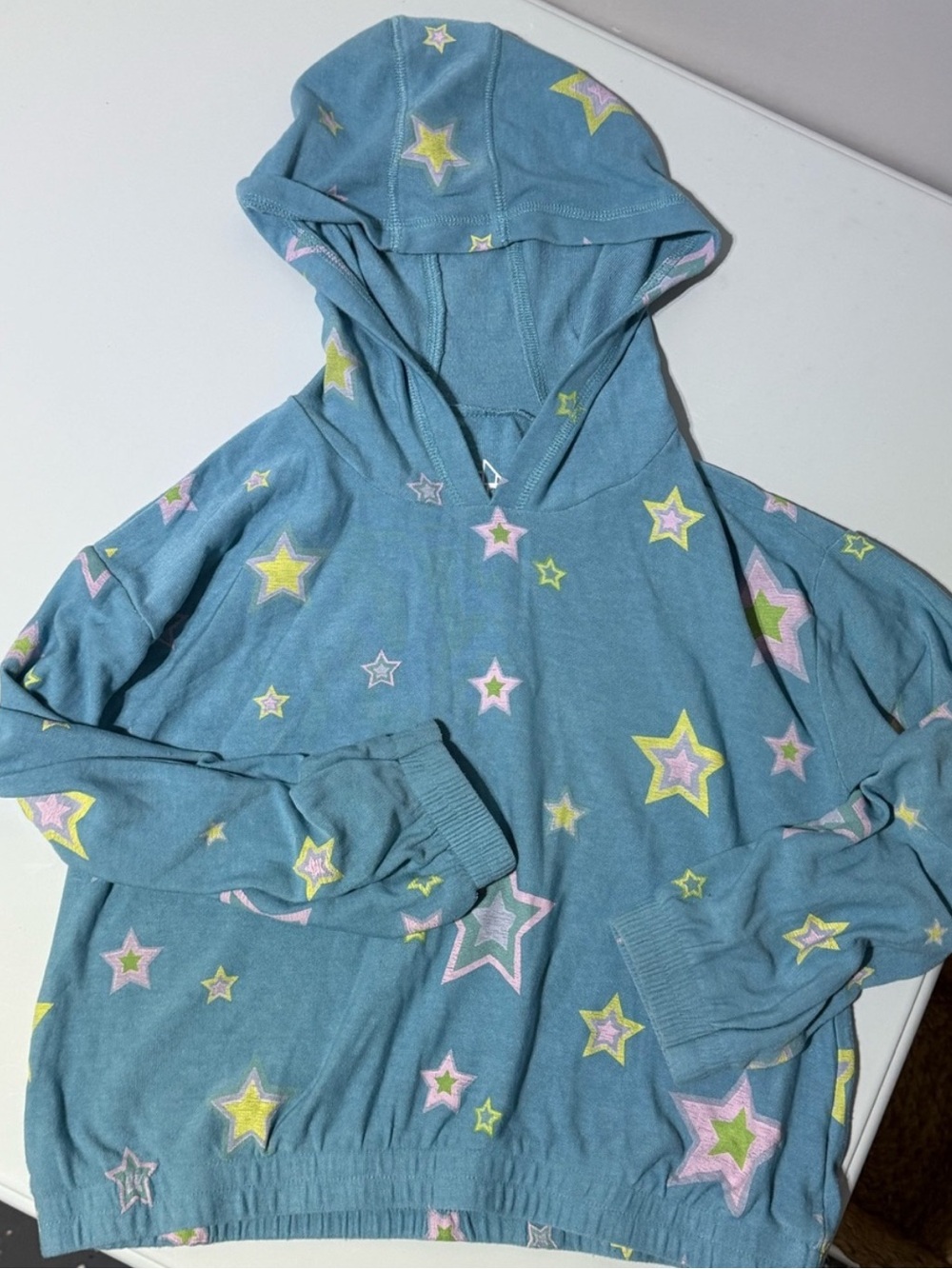 Star Print Hoodie Girls Teal Lightweight Pullover Chaser Comfy Cute Size 12 EUC